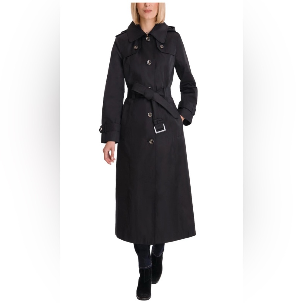 London Fog Black Belted Trench Coat NWT Long Classic Rain Coat Large